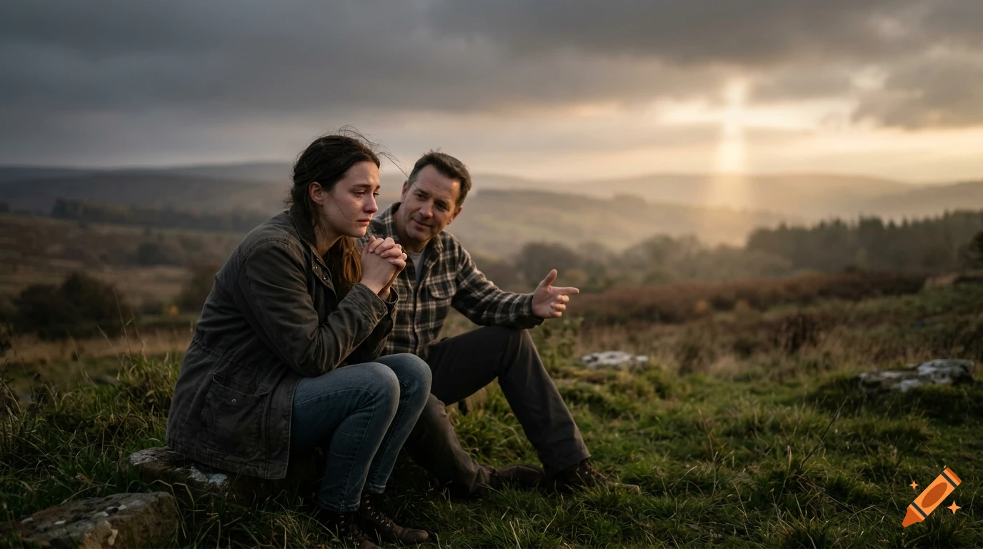 A young woman sitting outdoors with a sad expression while a man sits beside her, pointing toward a glowing light in the sky.