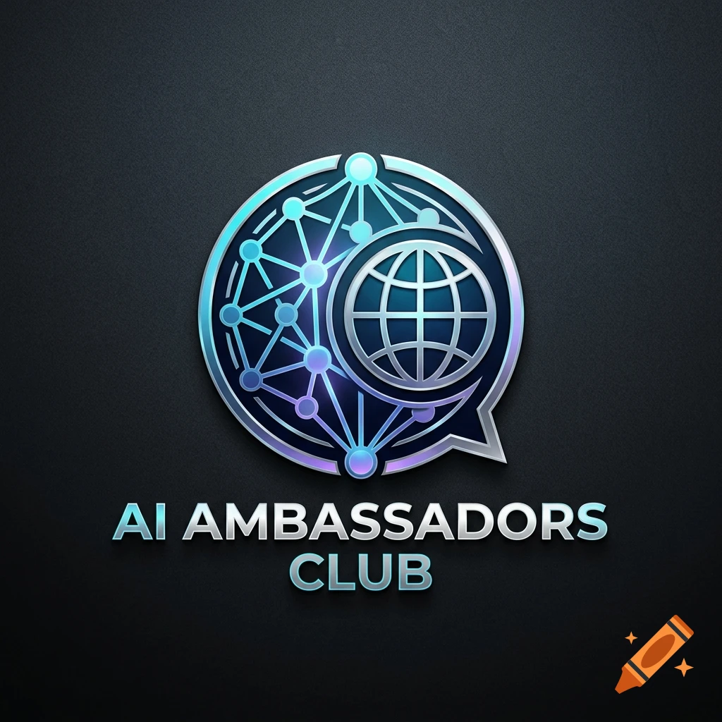 Logo for AI Ambassadors Club featuring a glowing blue globe and network design inside a chat bubble.