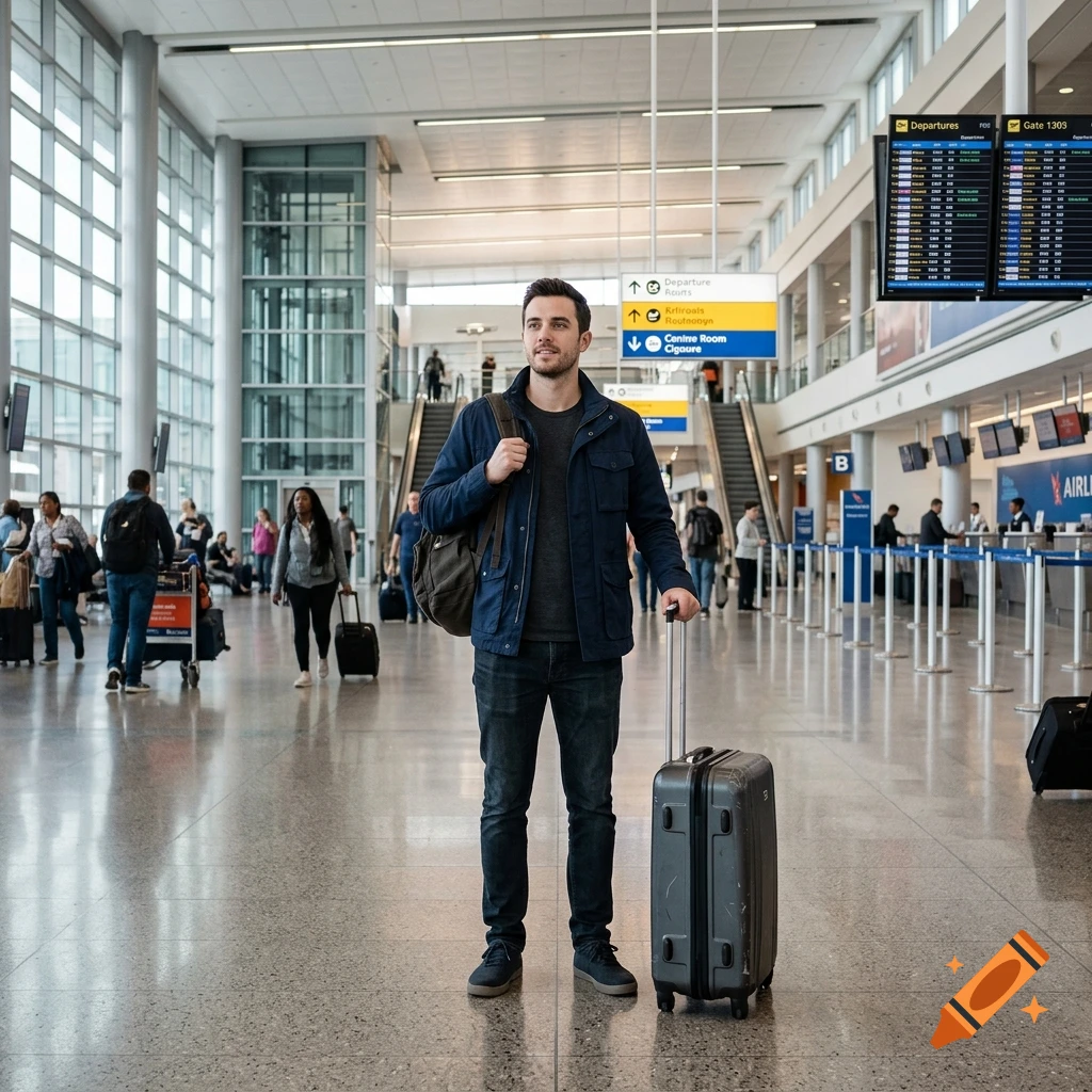 Photorealistic image of a man standing in a modern airport terminal with a suitcase, looking around.