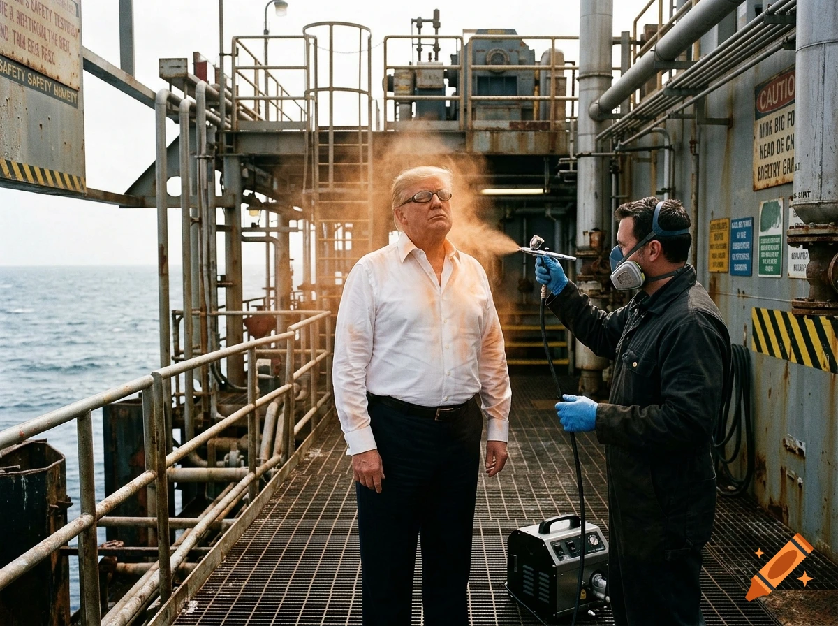 Photorealistic image of Donald Trump getting a spray tan from a worker on an oil rig platform.