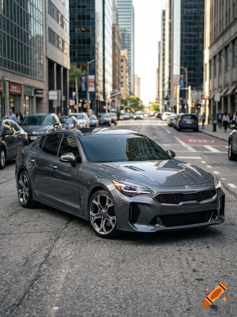 Photorealistic shot of a grey sedan parked on a city street lined with tall buildings.
