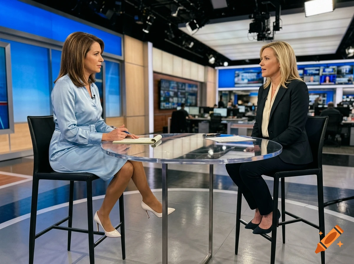 Two women seated across a glass table in a television news studio, with studio equipment and monitors visible in the background.