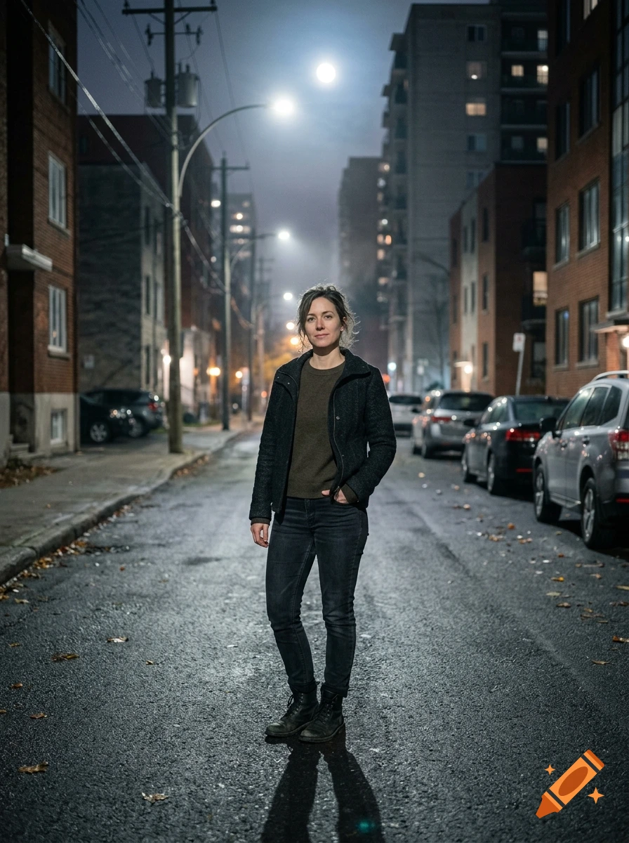 A woman standing in the middle of a city street at night, wearing a jacket and jeans, with buildings and parked cars along the sides.