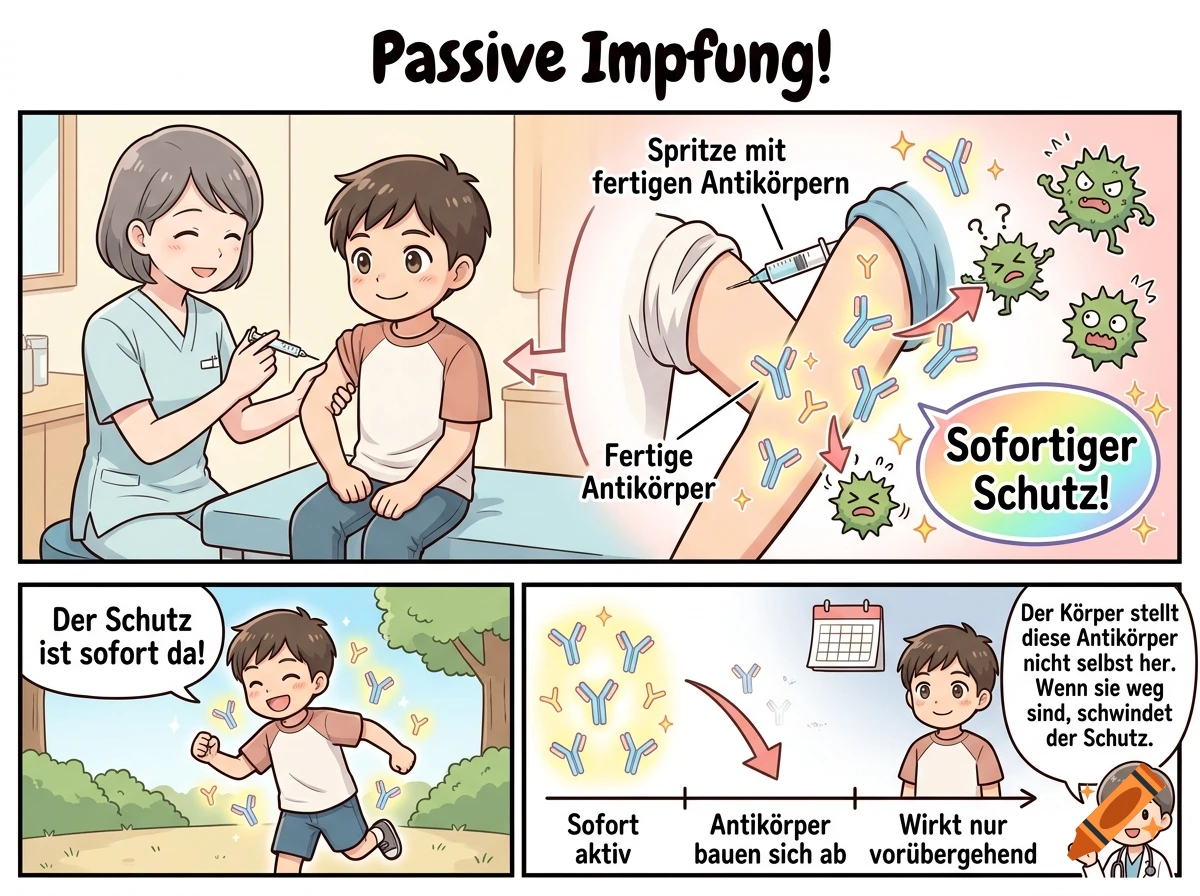 Manga-style educational comic strip explaining passive vaccination with German text.