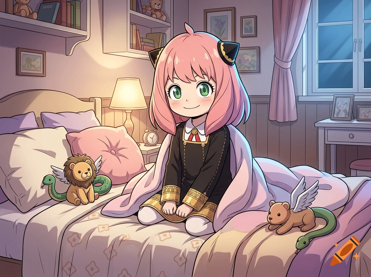 An anime-style illustration of a young fictional character with pink hair and green eyes sitting on a bed in a bedroom, surrounded by stuffed chimera toys.