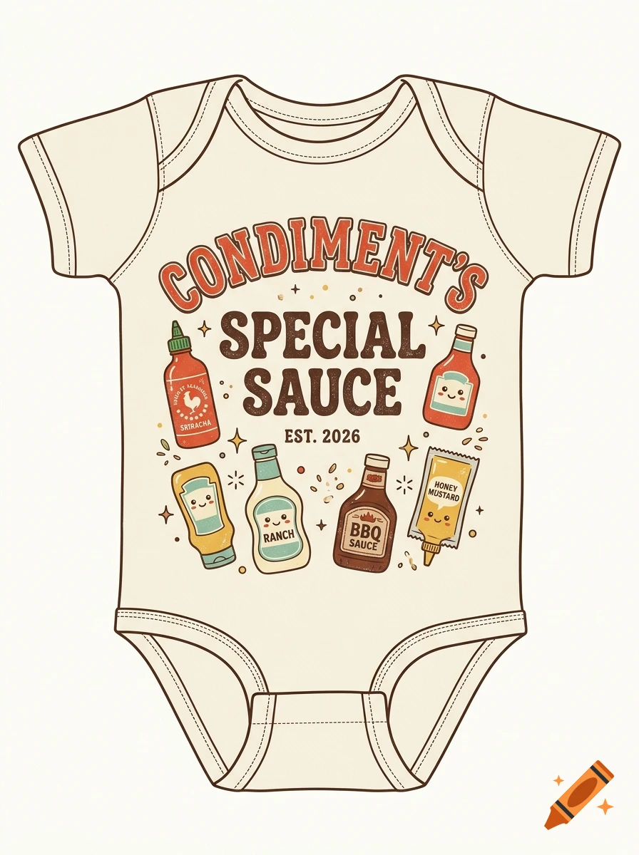 Vintage baby onesie graphic with text reading CONDIMENT'S SPECIAL SAUCE and cute illustrations of condiment bottles in a retro cartoon style.