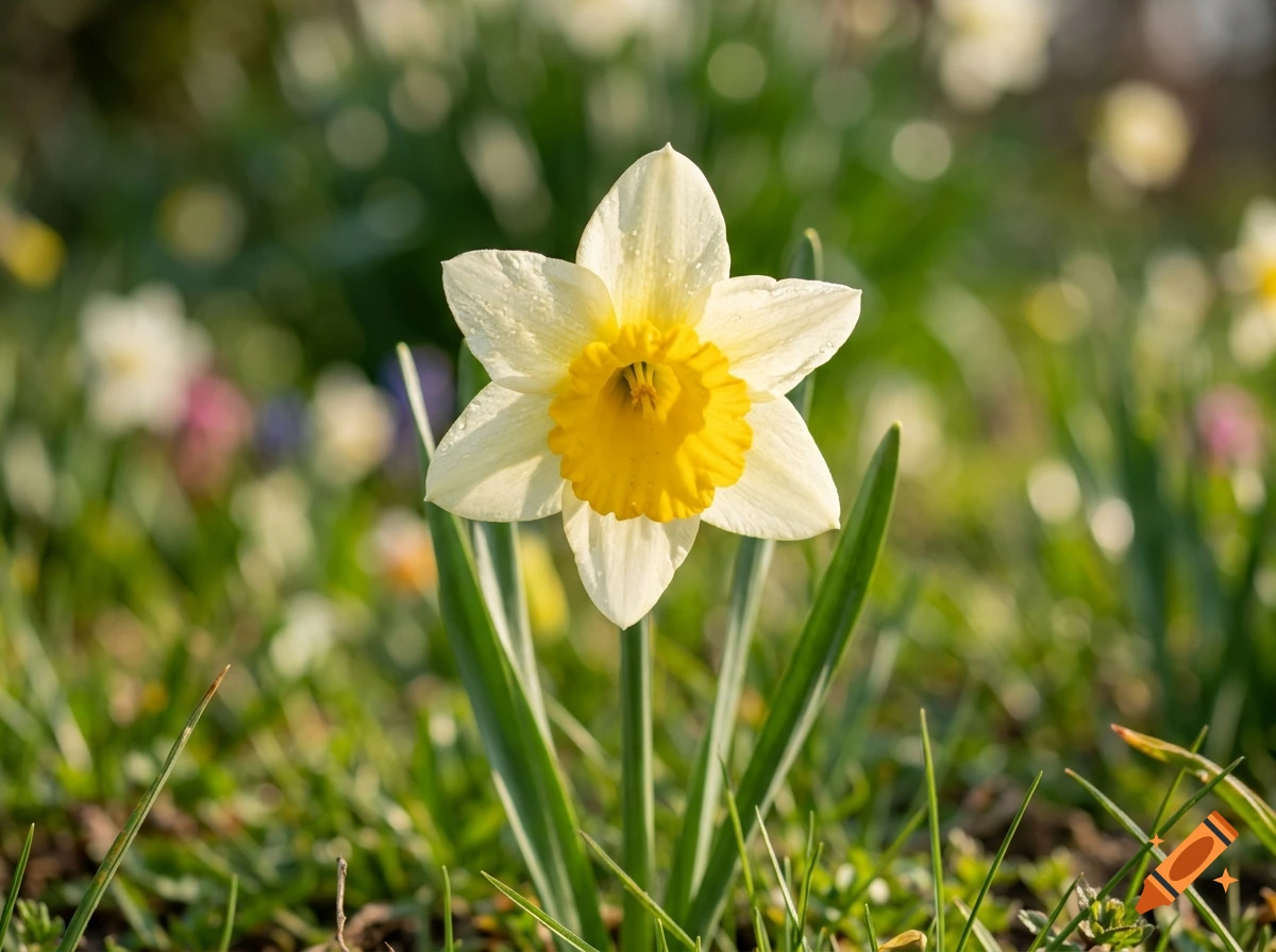 Close-up of a white and yellow daffodil flower blooming in a grassy field with a soft-focus background.
