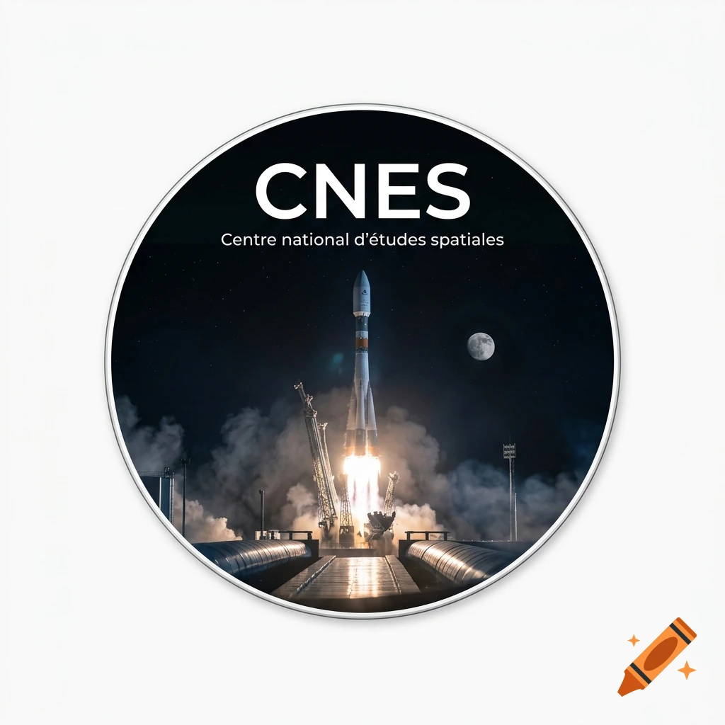 Round sticker with a photorealistic night launch of a rocket into space, featuring the moon and the text CNES Centre national d'études spatiales.