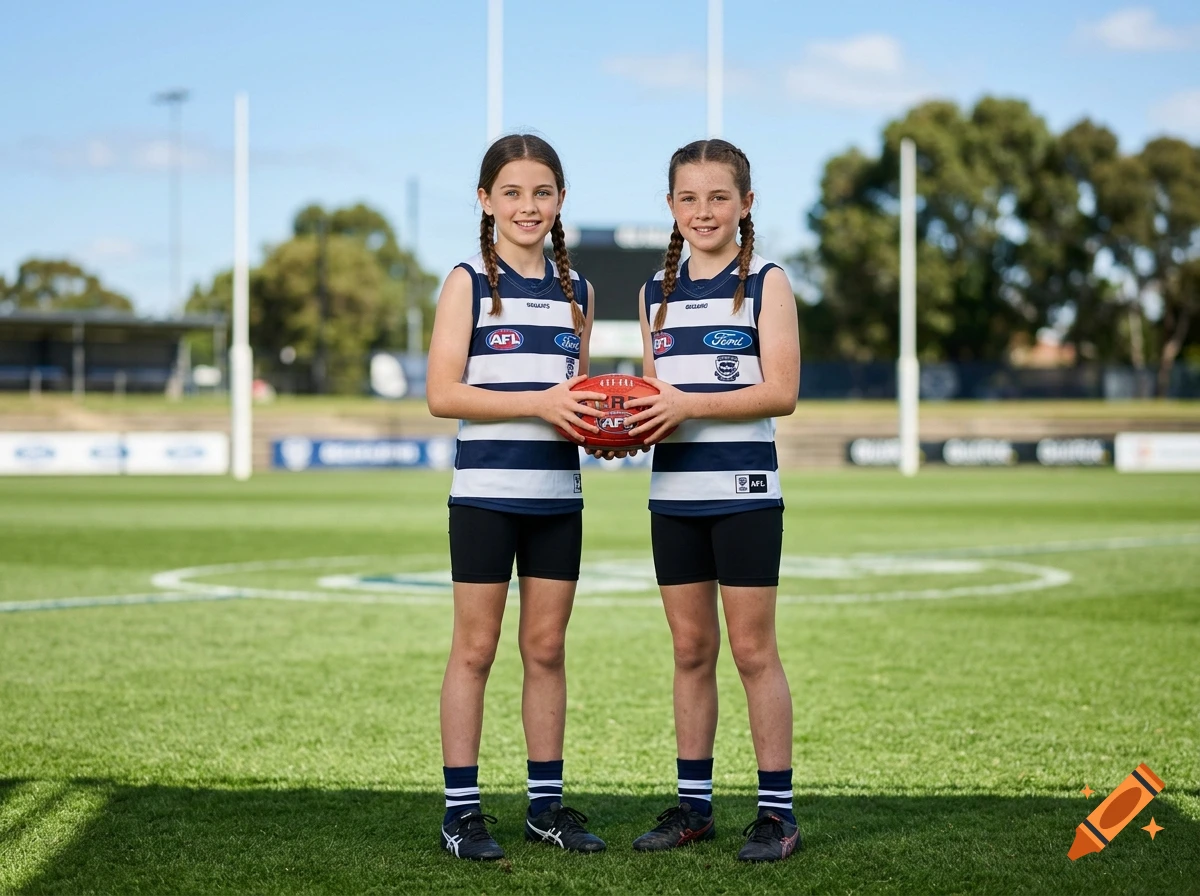 Photorealistic sports photograph of two young girls in AFL jerseys standing on a green oval holding a football.