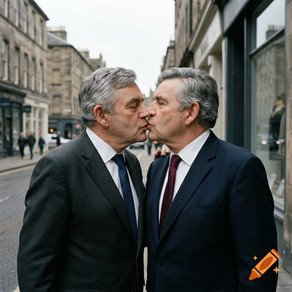 Photorealistic image of two men who resemble Gordon Brown kissing on a city street.