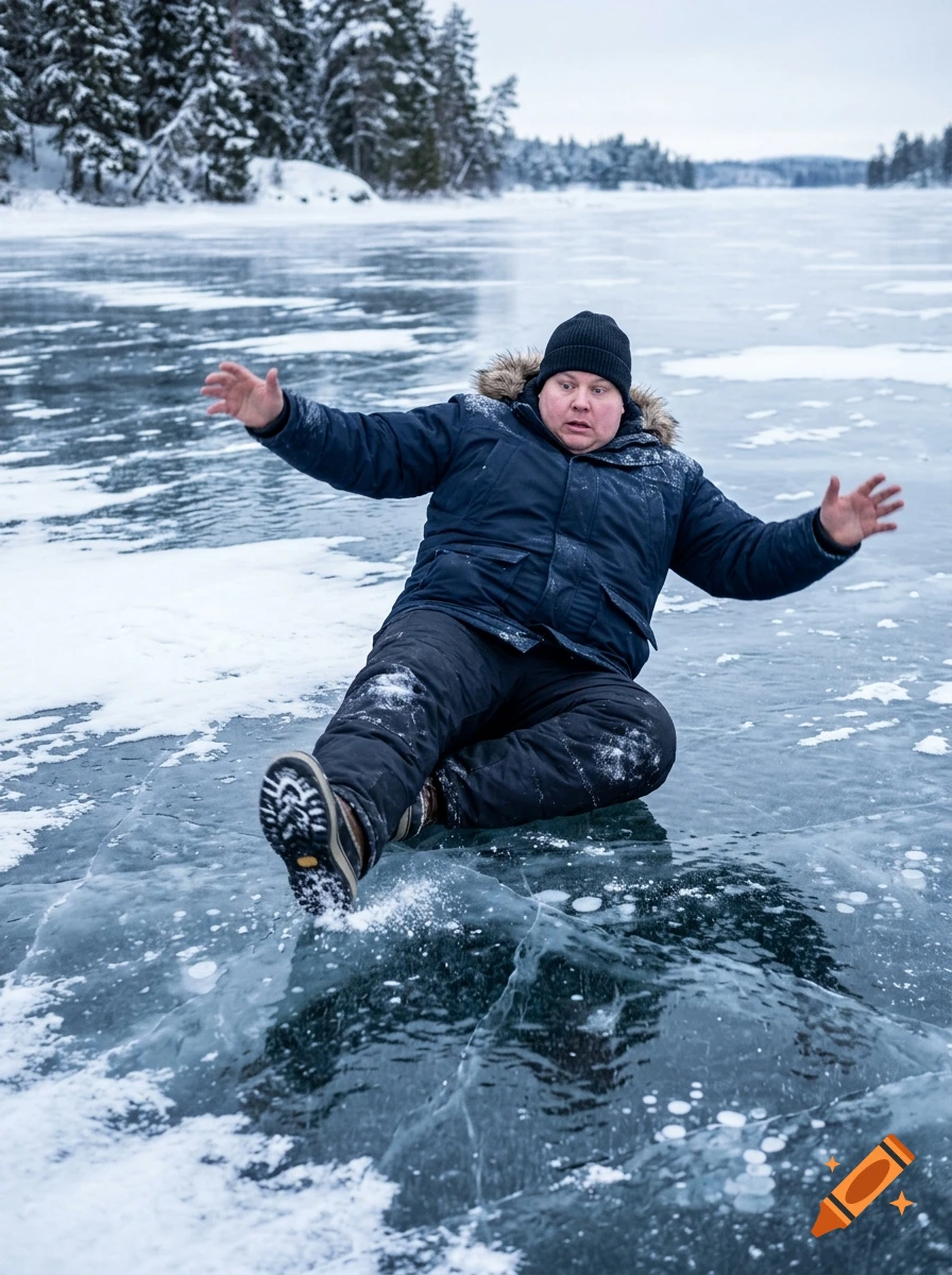 A man in a winter jacket slipping and falling on a frozen lake.