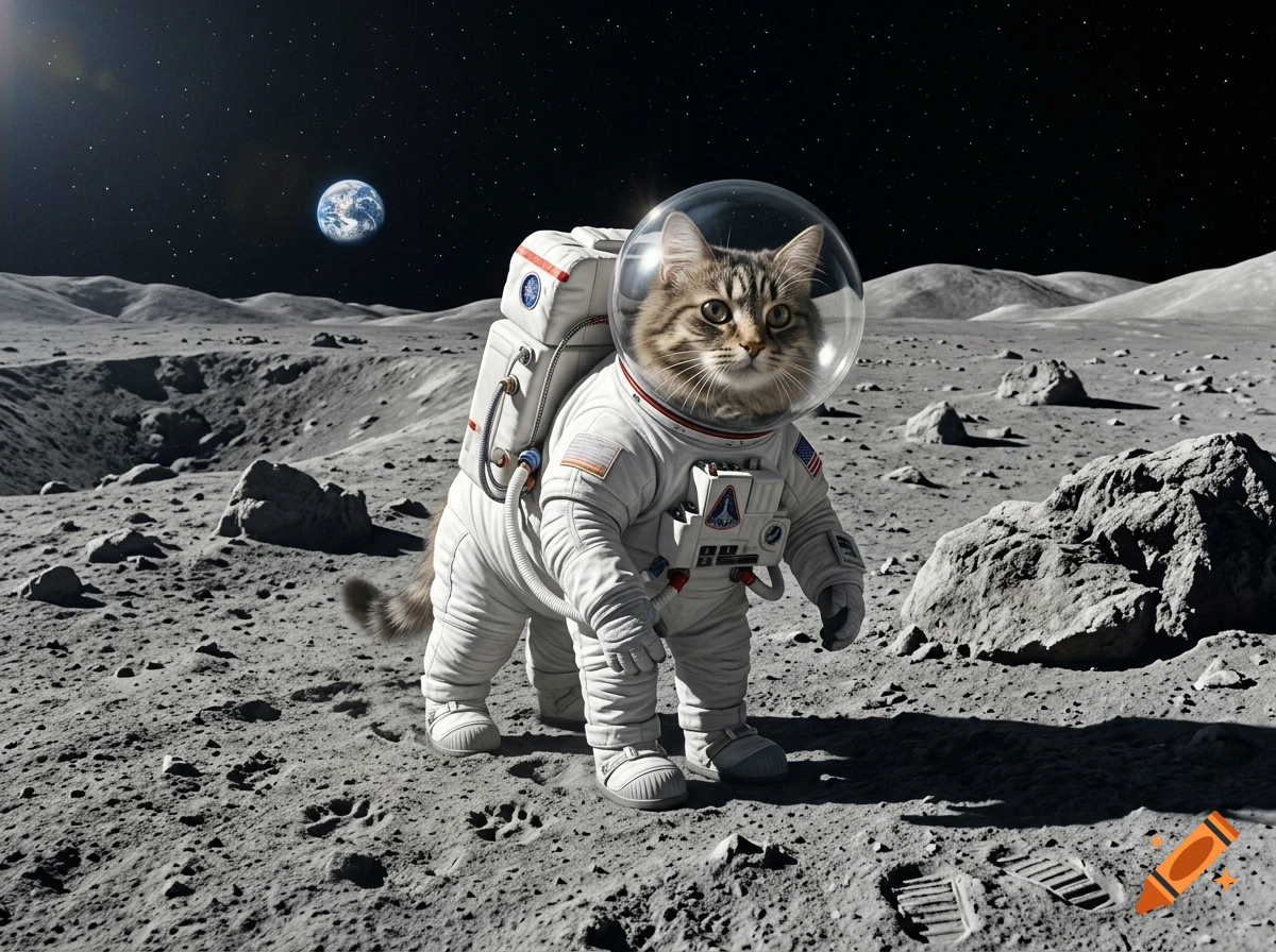 Photorealistic image of a fluffy cat wearing a space suit on the moon's surface, with Earth visible in the black sky.