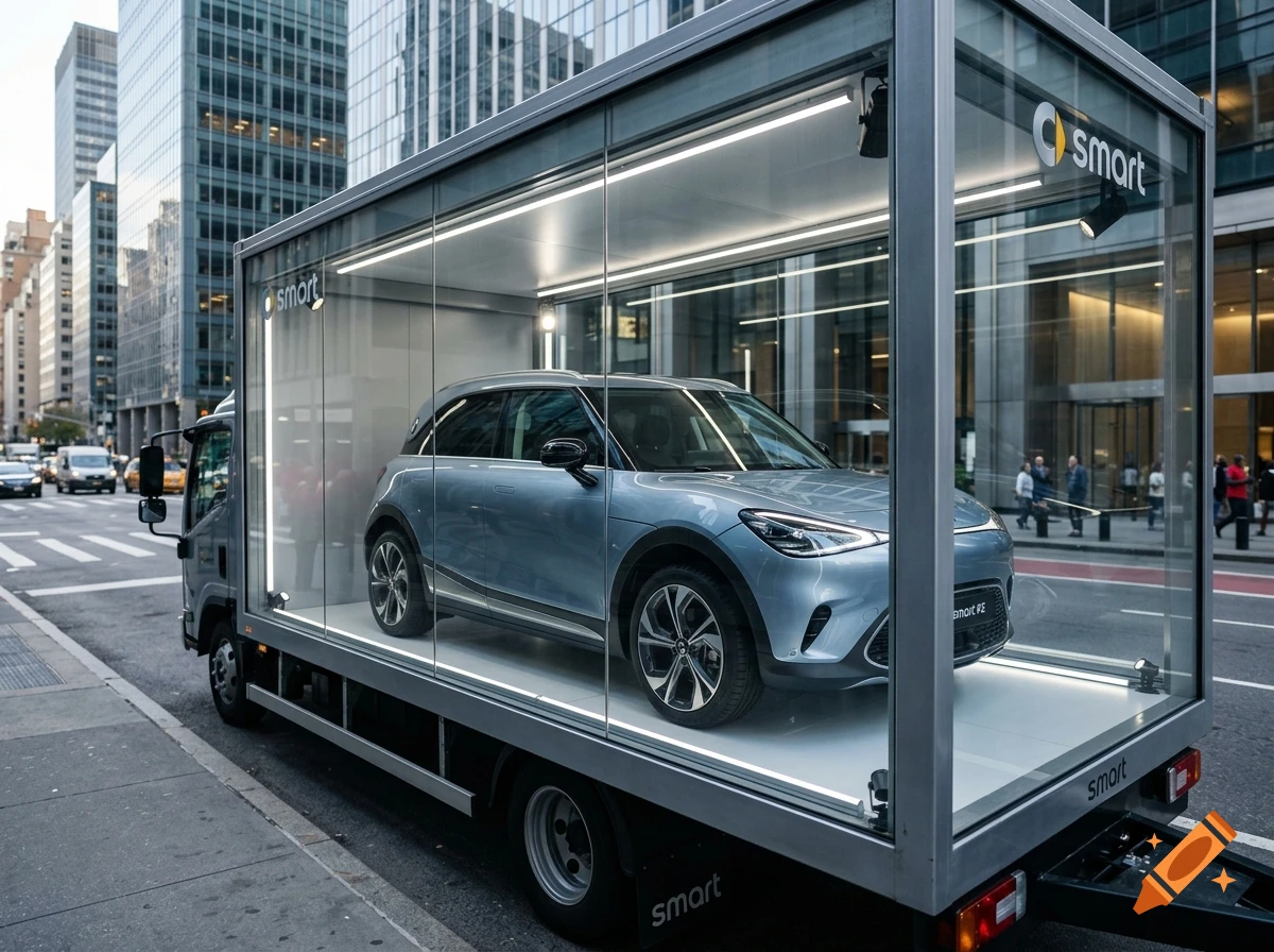 Photorealistic image of a silver car inside a glass display truck parked on a city street.