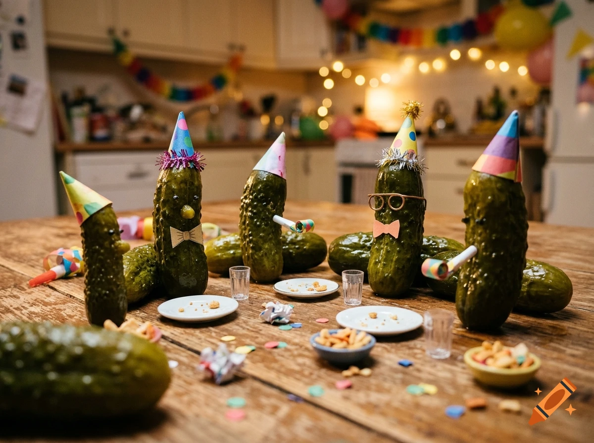 Pickles dressed up in party hats and bows gathered around tiny plates on a wooden table.