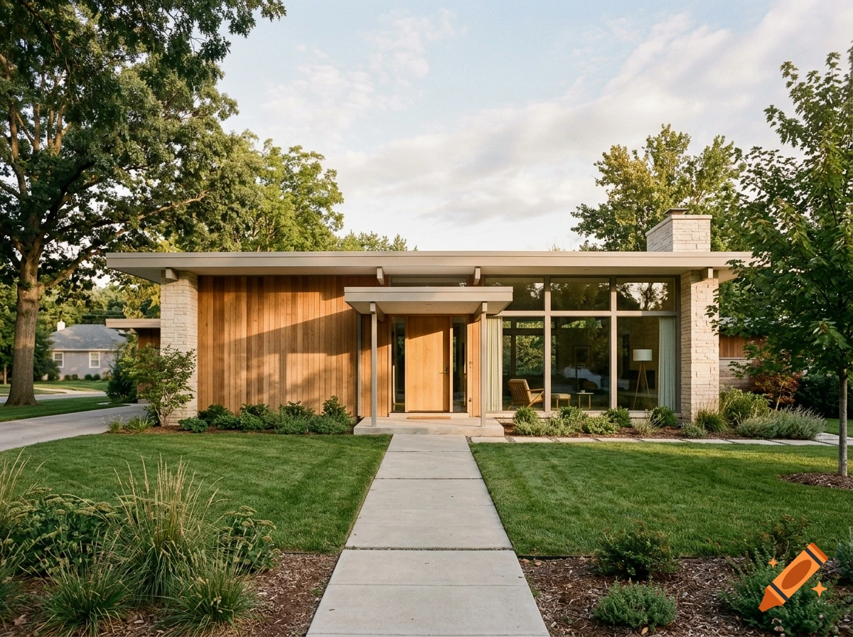 Photorealistic exterior view of a single-story mid-century modern ranch house with wooden siding, large windows, and a concrete walkway.