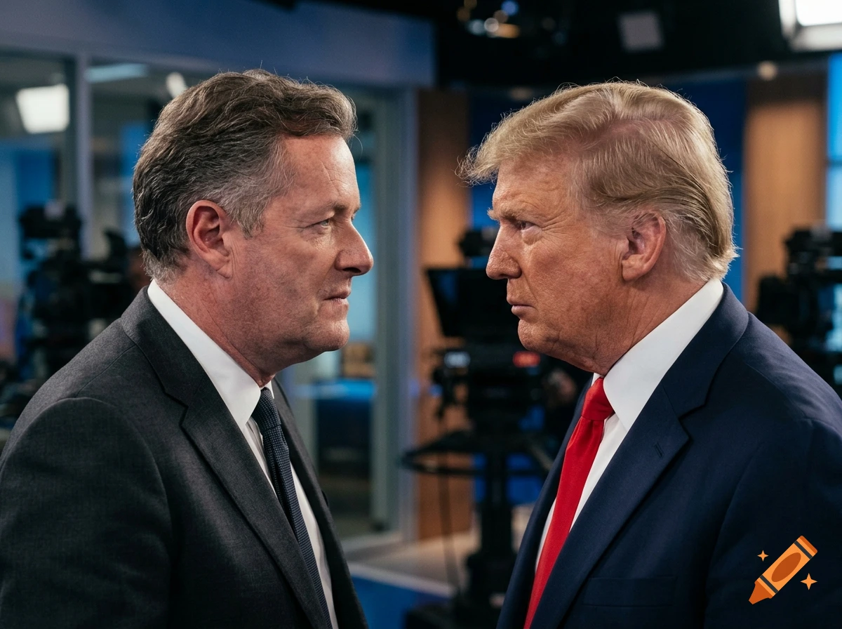 Photorealistic portrait of Piers Morgan and Donald Trump staring intensely into each other's eyes in a TV studio.