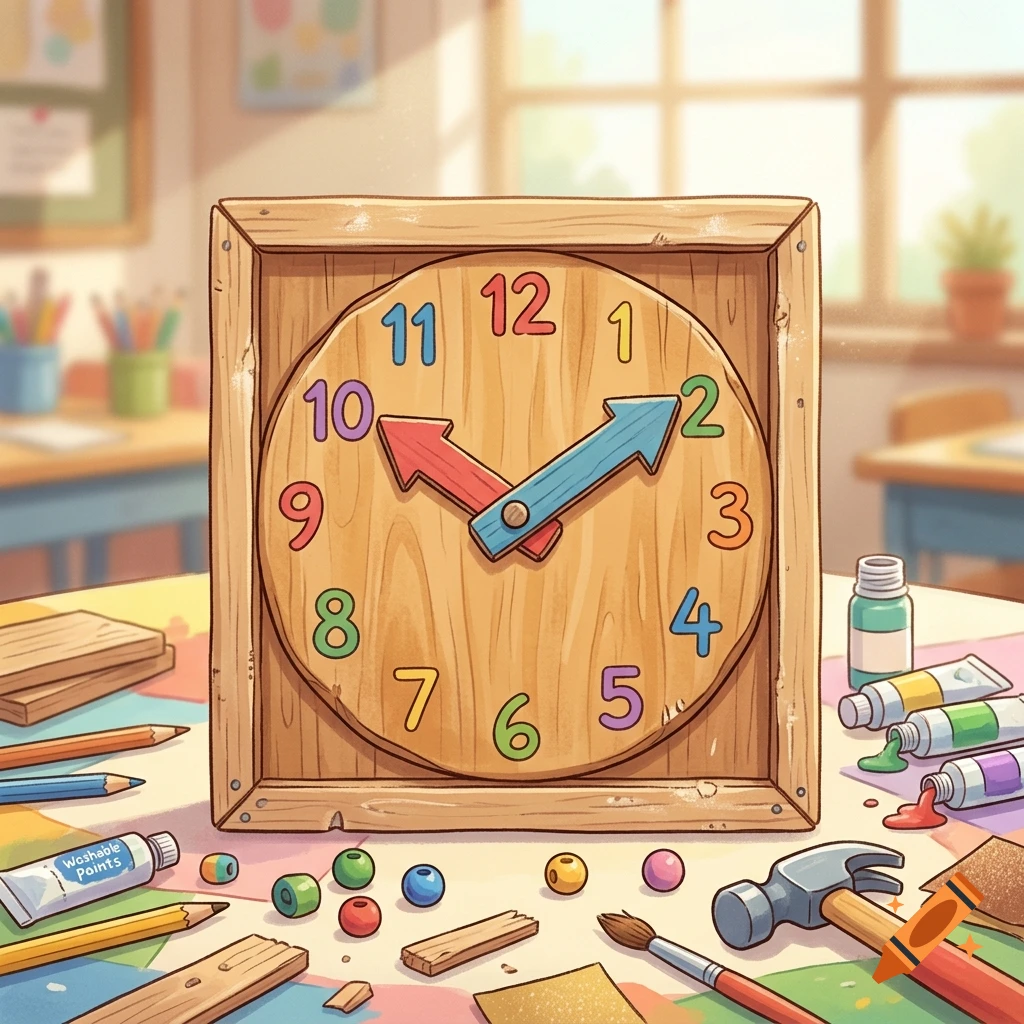 An illustrated wooden DIY clock with colorful numbers on a craft table surrounded by art supplies and tools.