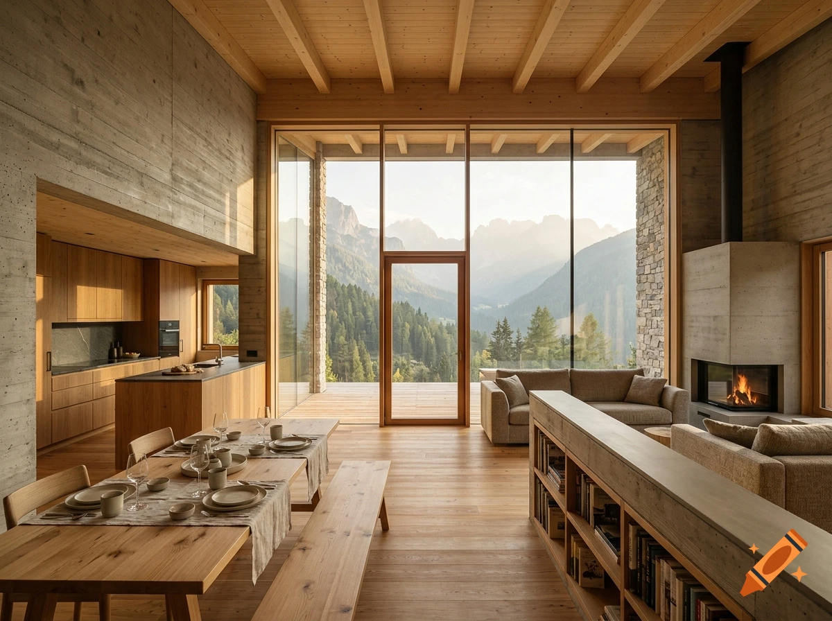 Photorealistic interior photograph of a modern alpine living room with a large glass wall framing mountain views.