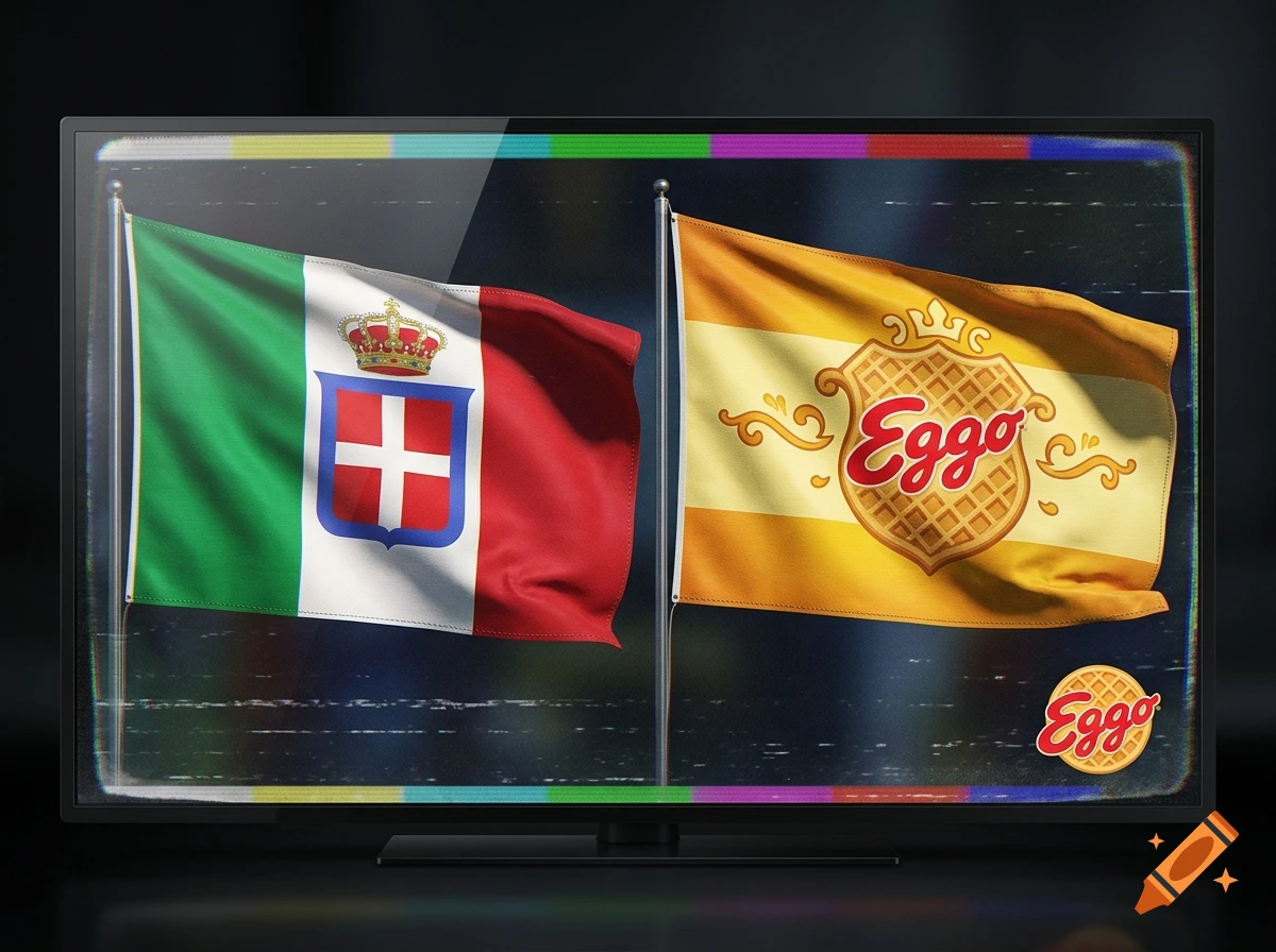 A television screen displaying the Kingdom of Italy flag and an Eggo waffles flag side by side with VHS tracking errors and color bars.