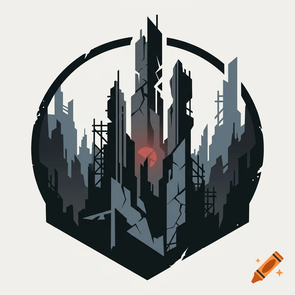 Stylized graphic illustration of a dystopian ruined city skyline inside a circular frame with a red glowing sun.
