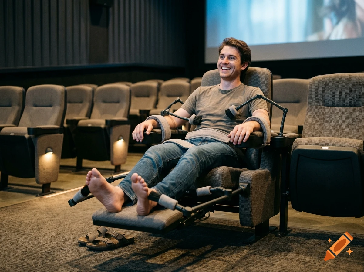 A young man sitting in a movie theater chair, laughing while small mechanical arms tickle his feet and torso.