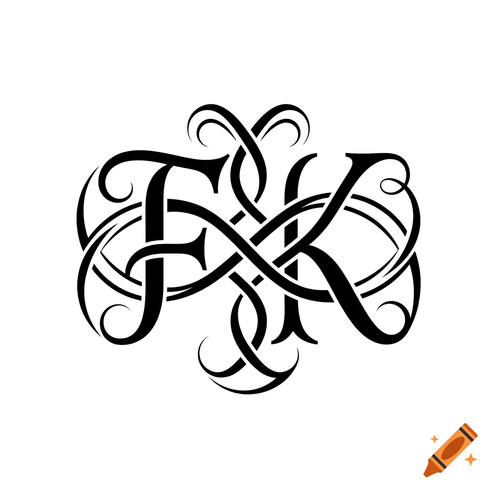 An ornate black monogram design featuring entwined letters F and K with decorative swirls on a white background.