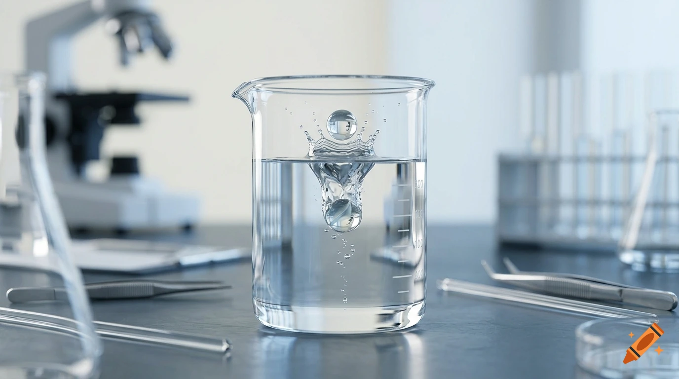 Photorealistic laboratory setting with a glass beaker containing water, a splash, and a submerged glass marble, alongside a microscope.