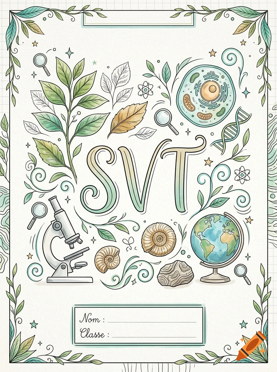 Decorative science-themed notebook cover illustration with 'SVT' title, microscope, plant leaves, cell diagram, and globe, in watercolor style.