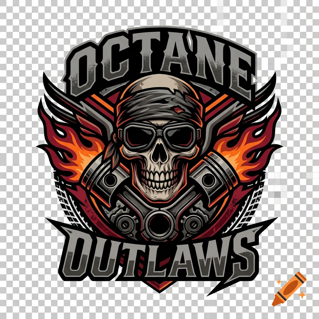 Octane Outlaws logo featuring a skull with bandanna, sunglasses, crossed pistons, and flames.