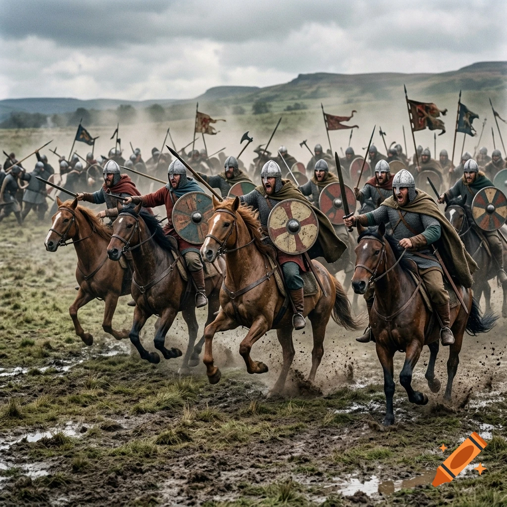 Photorealistic action shot of a cavalry charge with soldiers in medieval armor and helmets riding horses across a muddy field.