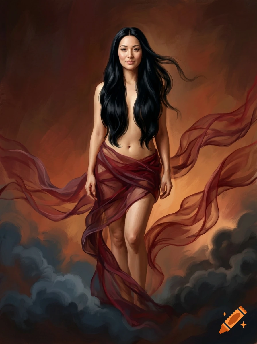Digital painting of a woman with long black hair, partially draped in a sheer red fabric, standing against a warm, smoky background.