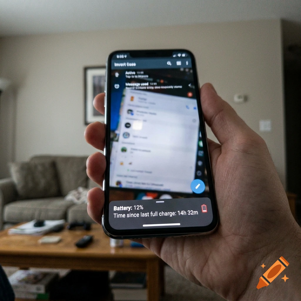 Close-up of a hand holding an iPhone showing battery status and time.
