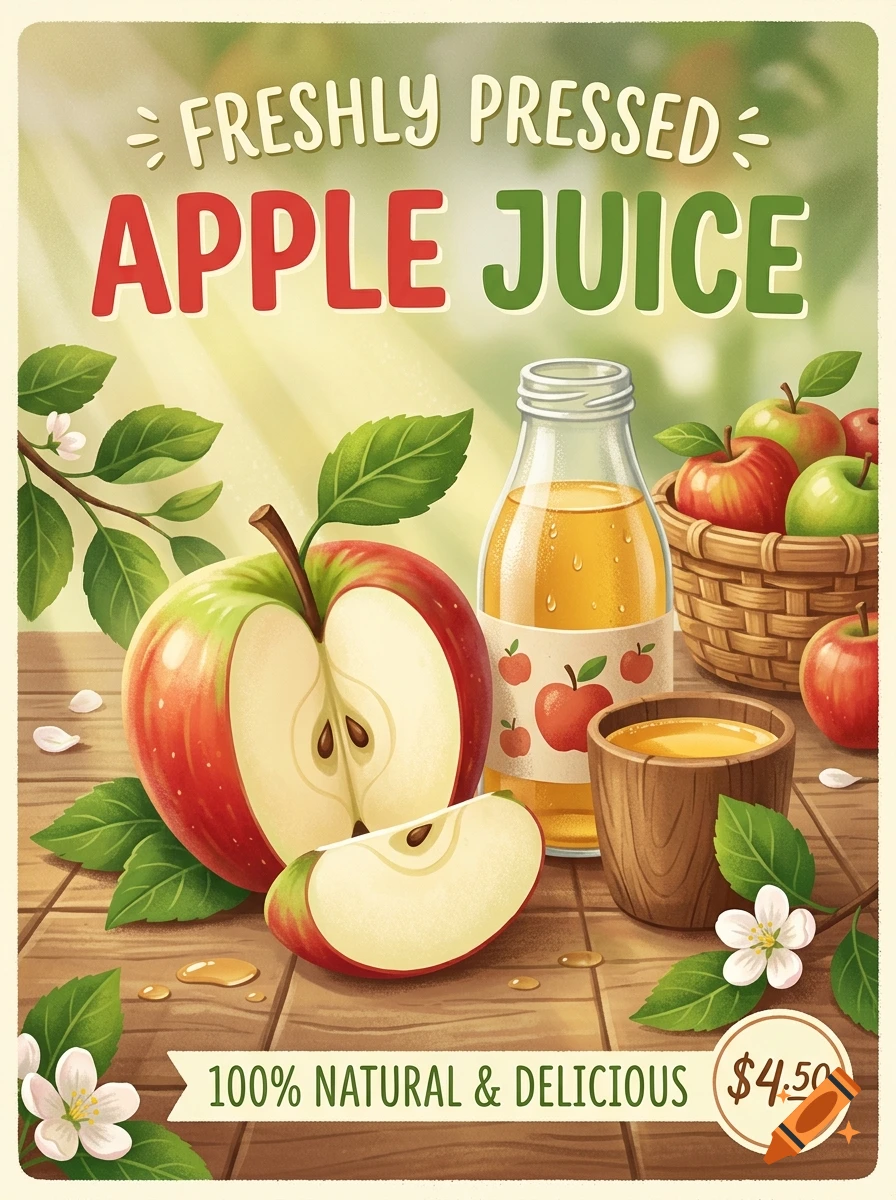 Vintage style poster for freshly pressed apple juice featuring sliced apples, a bottle, a wooden cup, and a basket of apples.