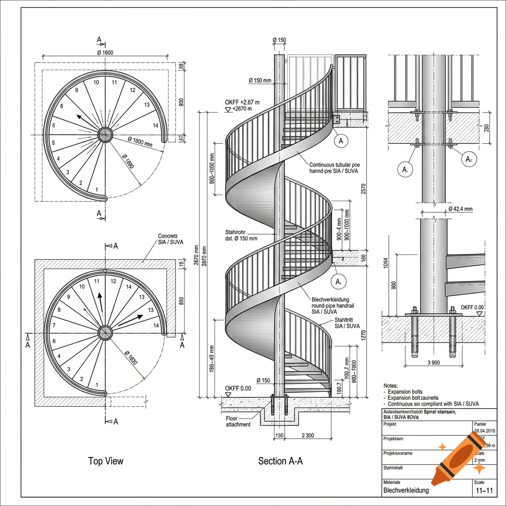 Technical drawing of a spiral steel staircase with dimensions, top view, and section details.