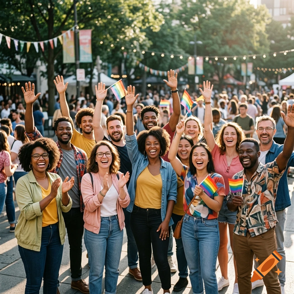 Diverse group of smiling people celebrating and holding rainbow pride flags outdoors in a sunny street setting.