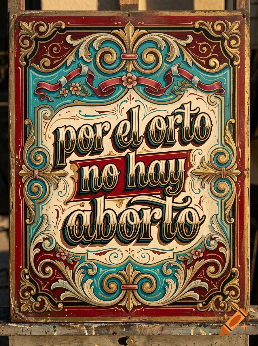 Classic Fileteado Porteño style sign with ornate colorful scrolls and lettering reading 'por el orto no hay aborto'.