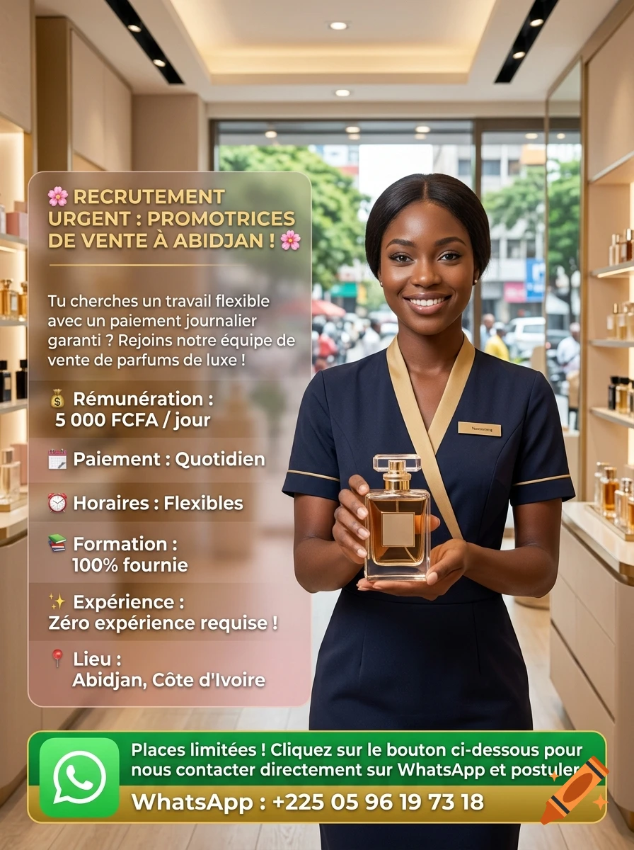 A smiling Black woman in a uniform holding a perfume bottle in a luxury shop with recruitment text overlaid.
