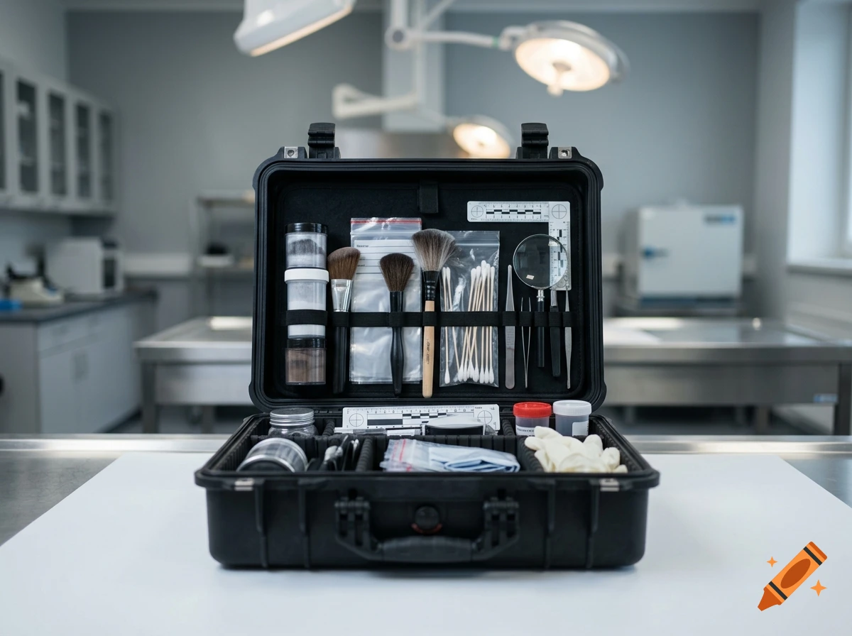 An open forensic kit case containing brushes, powders, swabs, a magnifying glass, and other investigation tools on a table.