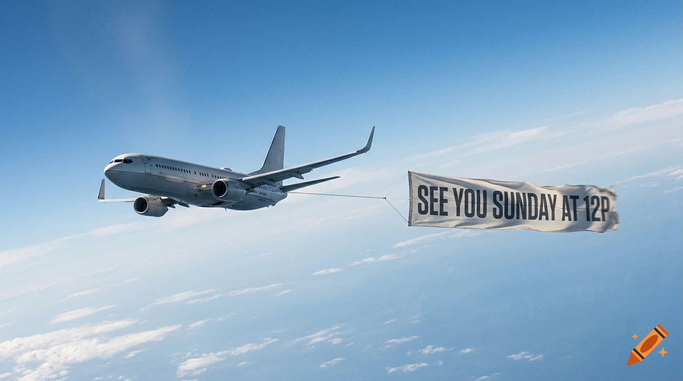 A passenger jet airliner flying through a blue sky with scattered clouds, towing a large banner that reads 'SEE YOU SUNDAY AT 12P'.