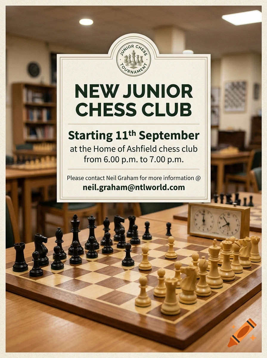 Flyer for a new junior chess club with a chessboard and clock in the foreground of a library setting.