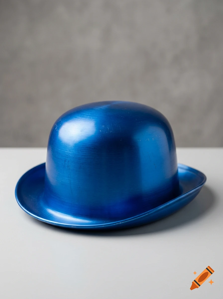 A bright blue metallic bowler hat on a white surface with a grey background, photorealistic style.