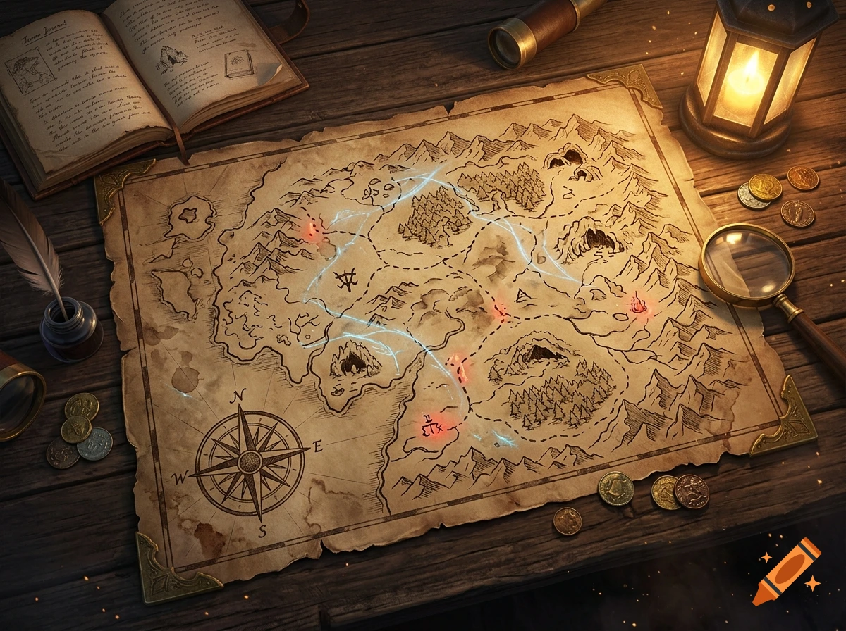 An overhead view of an ancient fantasy adventure map on a wooden table, surrounded by a compass, magnifying glass, coins, and a lit lantern.