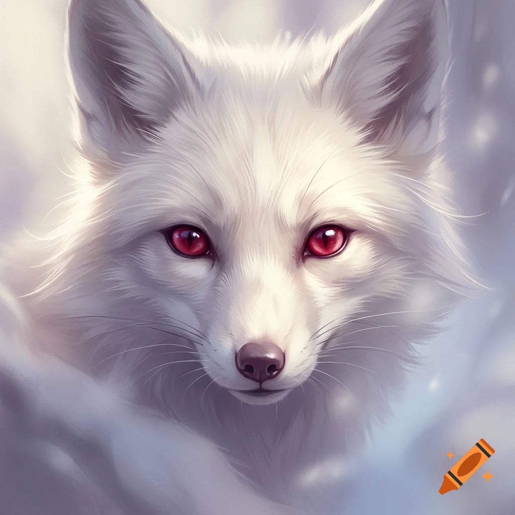 Illustration of a snow white fox with striking red eyes, soft fur, and a gentle expression in a snowy setting.