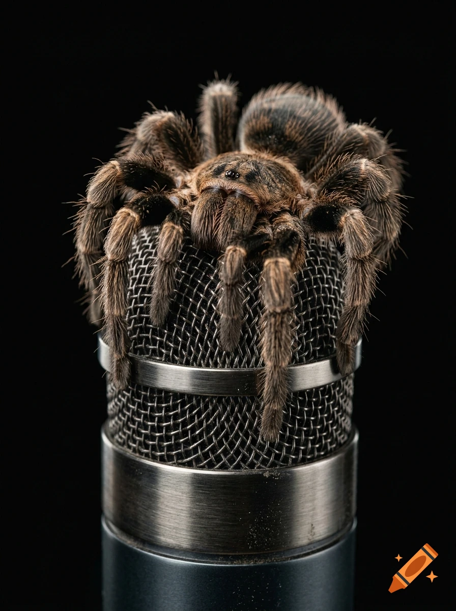 Close-up photorealistic image of a tarantula perched on top of a metallic studio microphone against a black background.