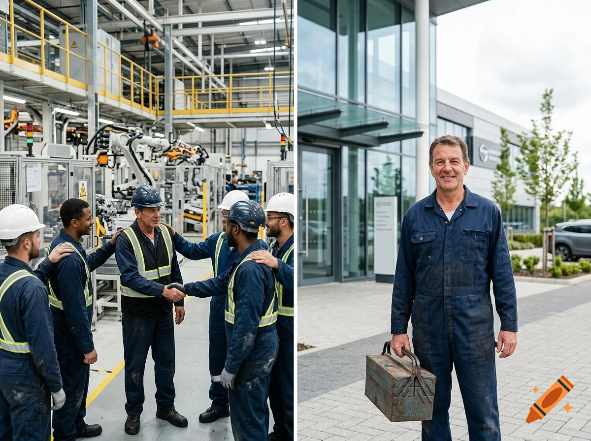 A composite image showing a foreman shaking hands with his team in a factory on the left, and standing outside with a toolbox on the right.