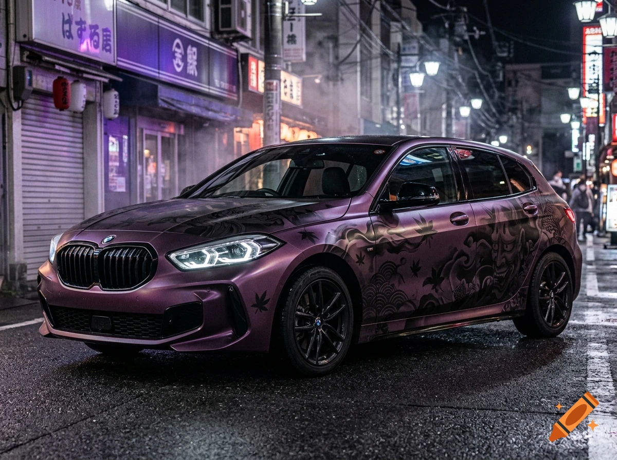 Photorealistic purple BMW 1 Series with dark Japanese style graffiti parked on a wet Tokyo street at night.