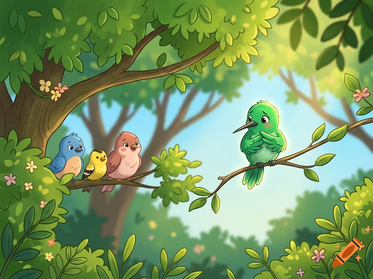 An illustration of a green bird standing nervously on a branch facing three other colorful birds perched in a lush green forest.