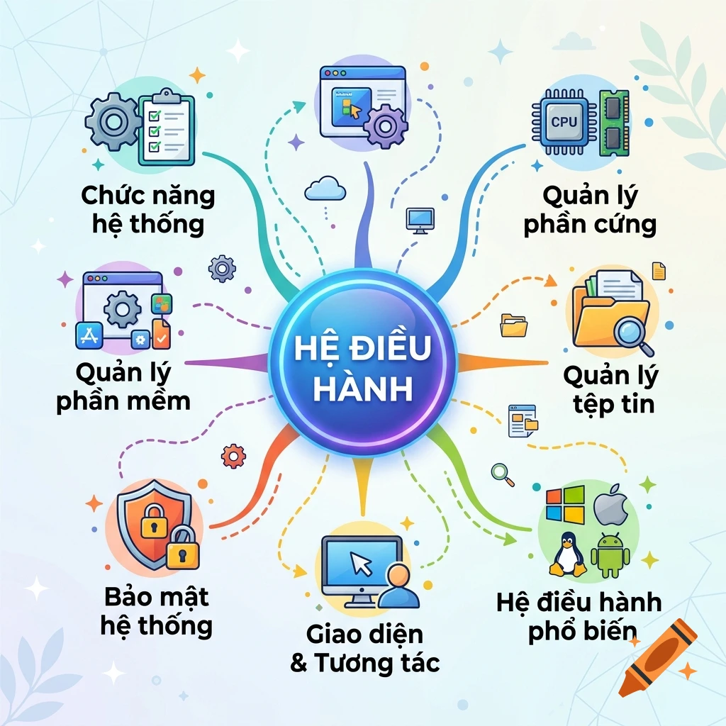 Colorful mind map infographic about operating systems with vector icons and Vietnamese text.