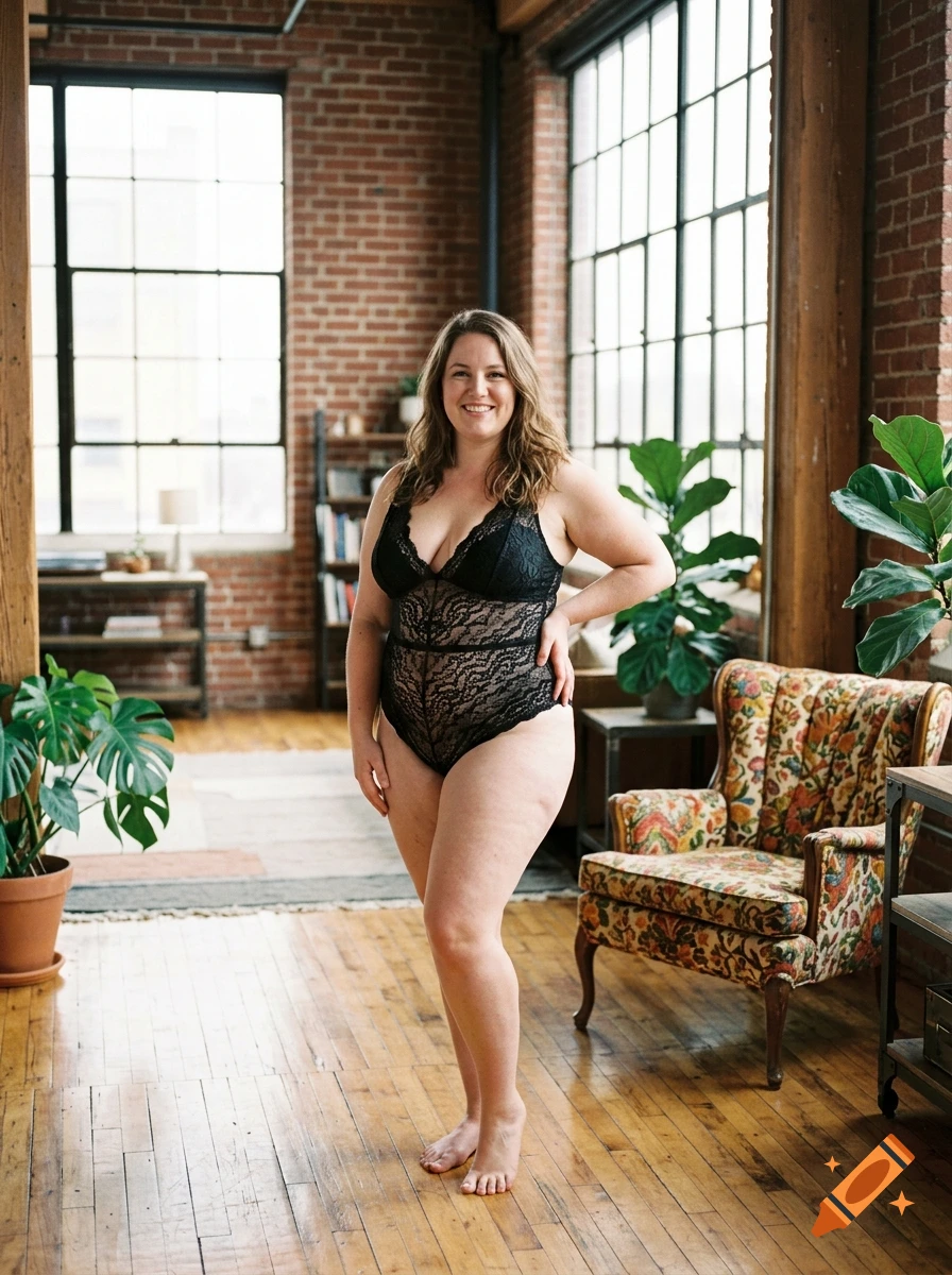 A smiling woman in black lace lingerie poses in a bright, brick-walled loft interior with large windows, wooden floors, and potted plants.