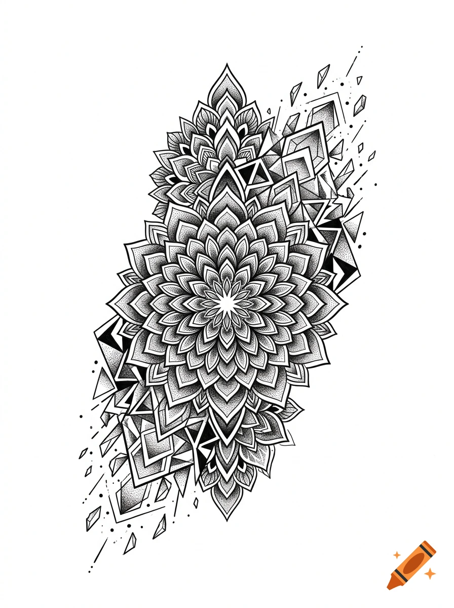 Black and white dotwork tattoo design featuring a detailed mandala and geometric crystal fragments.